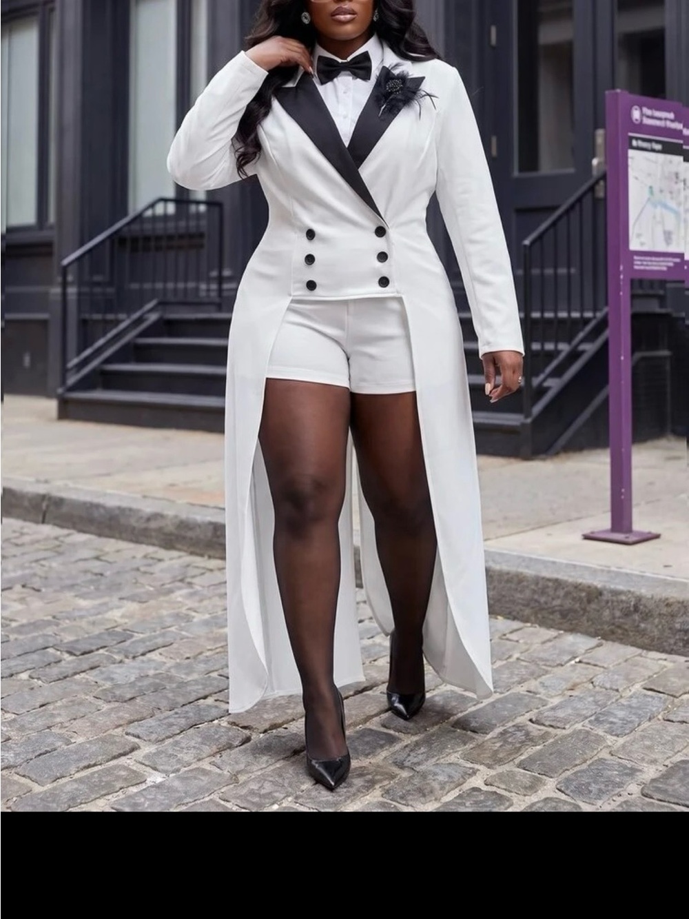 White Longline Tuxedo Romper with Black Lapel